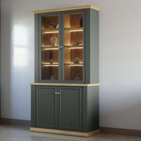 Vitrineskap PONTY - 109x202 cm - 4 dører - grå wolfram - eik mauvella