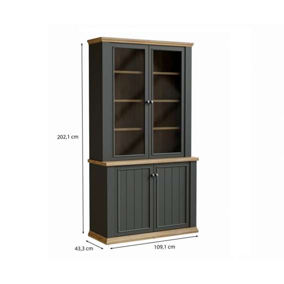 Vitrineskap PONTY - 109x202 cm - 4 dører - grå wolfram - eik mauvella