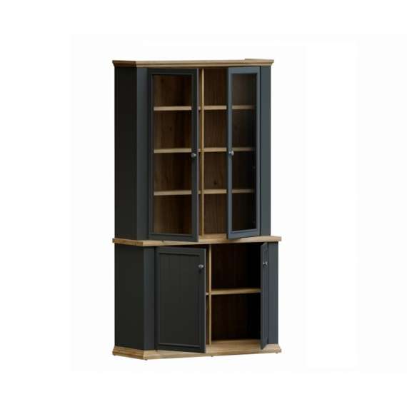 Vitrineskap PONTY - 109x202 cm - 4 dører - grå wolfram - eik mauvella