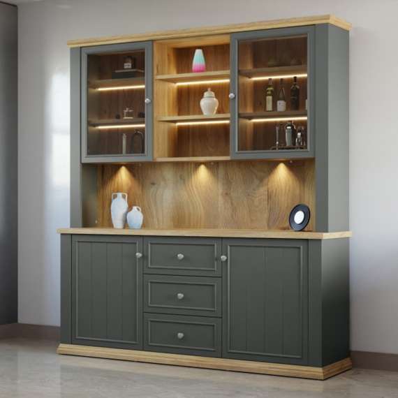 Vitrineskap PONTY - 184x202 cm - 4 dører - 3 skuffer - grå wolfram - eik mauvella