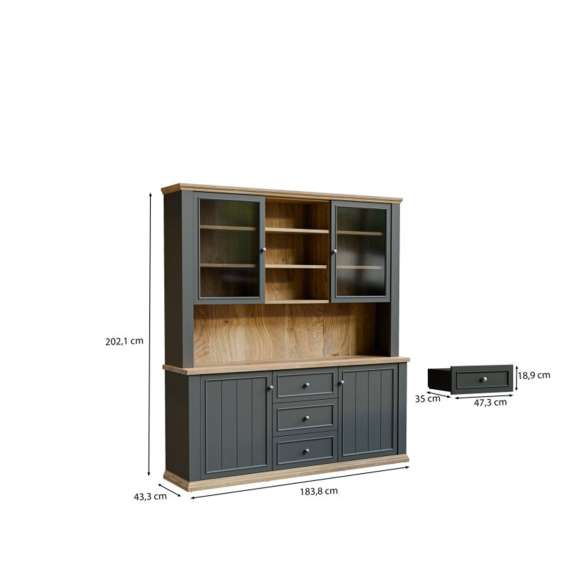 Vitrineskap PONTY - 184x202 cm - 4 dører - 3 skuffer - grå wolfram - eik mauvella