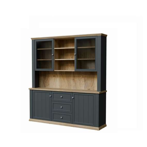 Vitrineskap PONTY - 184x202 cm - 4 dører - 3 skuffer - grå wolfram - eik mauvella