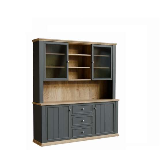 Vitrineskap PONTY - 184x202 cm - 4 dører - 3 skuffer - grå wolfram - eik mauvella