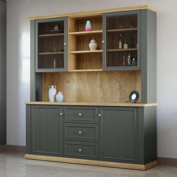 Vitrineskap PONTY - 184x202 cm - 4 dører - 3 skuffer - grå wolfram - eik mauvella