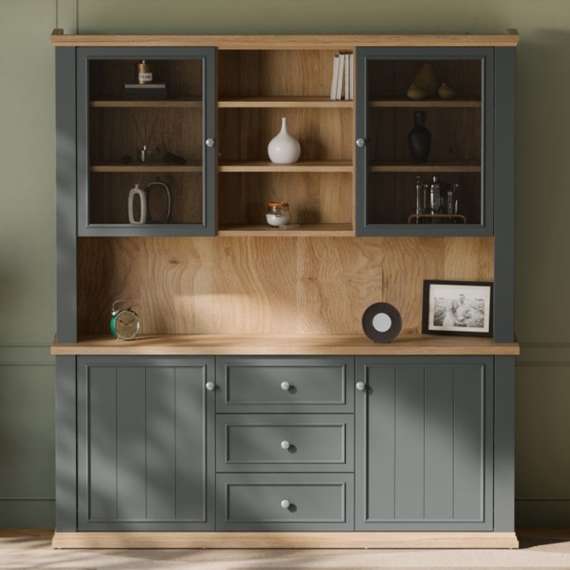 Vitrineskap PONTY - 184x202 cm - 4 dører - 3 skuffer - grå wolfram - eik mauvella