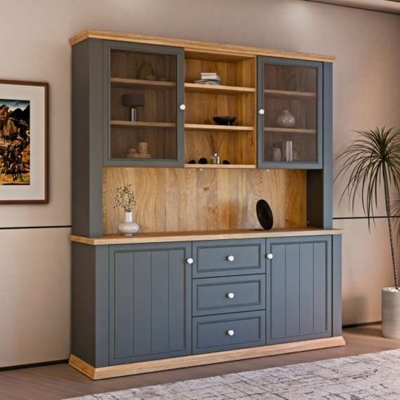 Vitrineskap PONTY - 184x202 cm - 4 dører - 3 skuffer - grå wolfram - eik mauvella