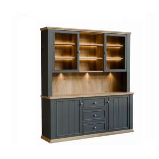 Vitrineskap PONTY - 184x202 cm - 4 dører - 3 skuffer - grå wolfram - eik mauvella