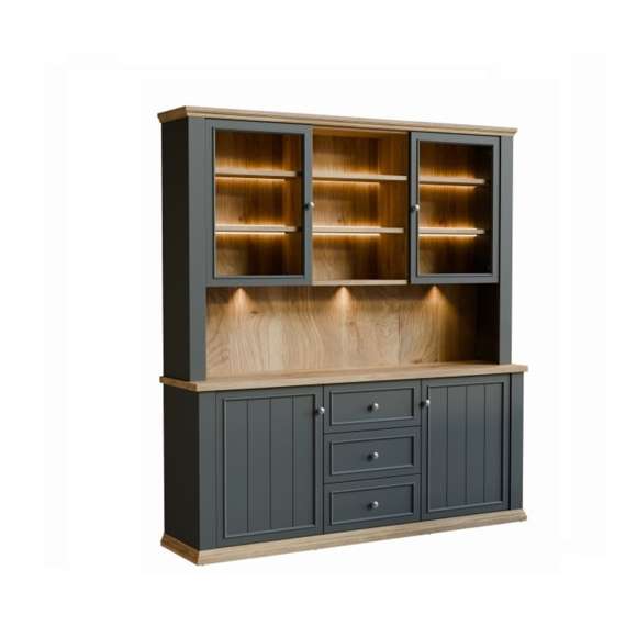 Vitrineskap PONTY - 184x202 cm - 4 dører - 3 skuffer - grå wolfram - eik mauvella