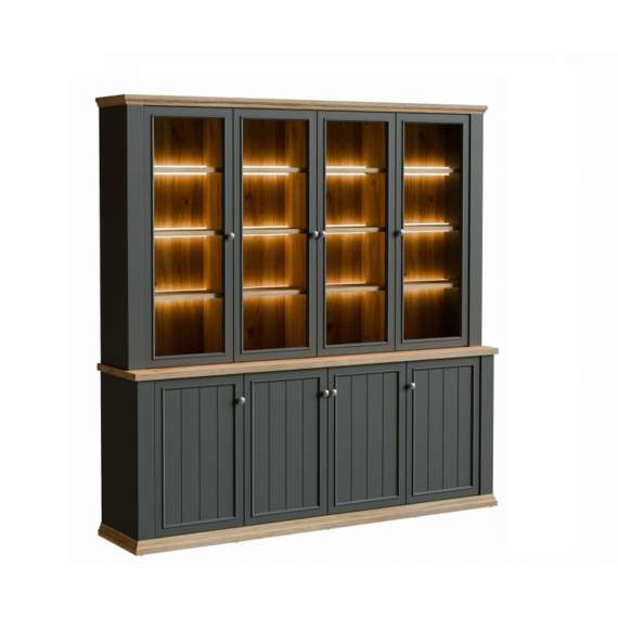 Vitrineskap PONTY - 198x202 cm - 8 dører - grå wolfram - eik mauvella