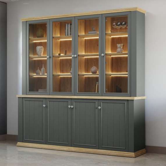 Vitrineskap PONTY - 198x202 cm - 8 dører - grå wolfram - eik mauvella