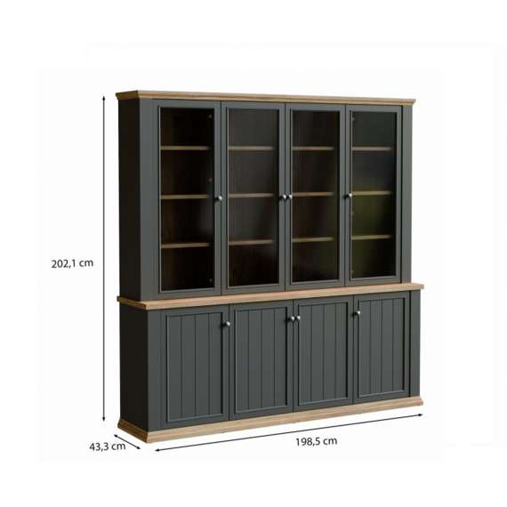 Vitrineskap PONTY - 198x202 cm - 8 dører - grå wolfram - eik mauvella