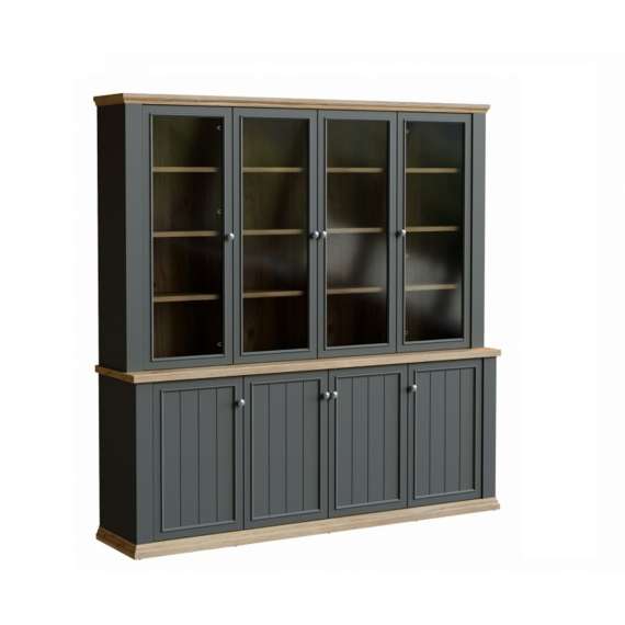 Vitrineskap PONTY - 198x202 cm - 8 dører - grå wolfram - eik mauvella