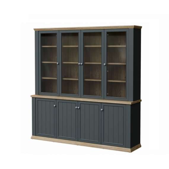 Vitrineskap PONTY - 198x202 cm - 8 dører - grå wolfram - eik mauvella