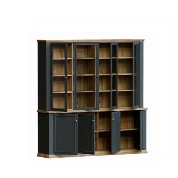 Vitrineskap PONTY - 198x202 cm - 8 dører - grå wolfram - eik mauvella