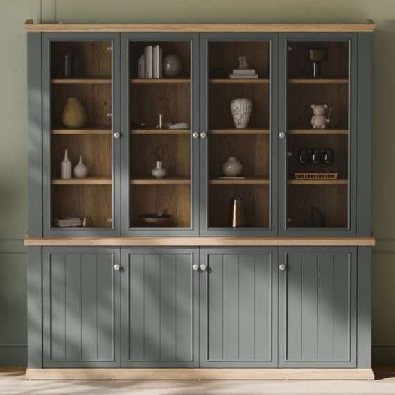 Vitrineskap PONTY - 198x202 cm - 8 dører - grå wolfram - eik mauvella