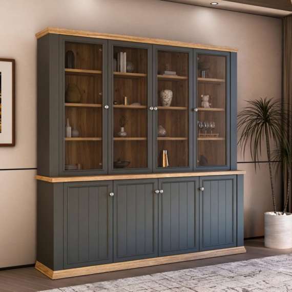 Vitrineskap PONTY - 198x202 cm - 8 dører - grå wolfram - eik mauvella