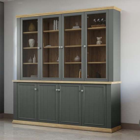 Vitrineskap PONTY - 198x202 cm - 8 dører - grå wolfram - eik mauvella