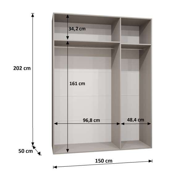 Garderobeskap ALICANTE 3 150x202 cm - cashmere - 3 dører - speil