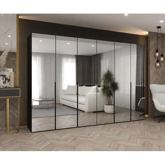 Garderobeskap ALICANTE 3 300x202 cm - svart matt - 6 dører - speil