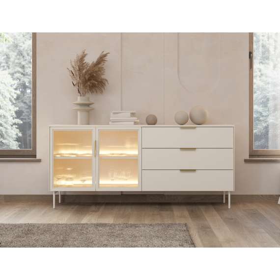 Skjenk Lumi 181x83 cm - cashmere - 2 dører - 3 skuffer - med belysning