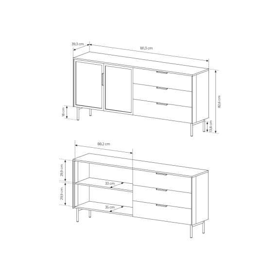 Skjenk Lumi 181x83 cm - cashmere - 2 dører - 3 skuffer - med belysning