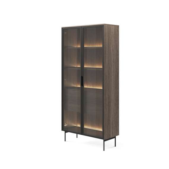 Vitrineskap Lumi 91x195 cm - mørk eik - 2 dører - med belysning