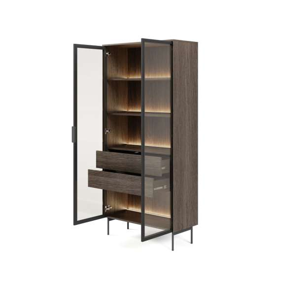 Vitrineskap Lumi 91x195 cm - mørk eik - 2 dører - med belysning