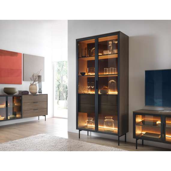 Vitrineskap Lumi 91x195 cm - mørk eik - 2 dører - med belysning