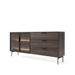 Skjenk Lumi 181x83 cm - mørk eik - 2 dører - 3 skuffer - med belysning
