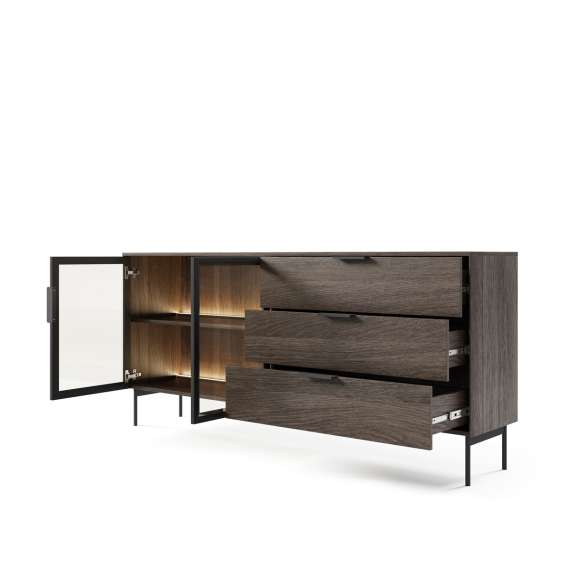 Skjenk Lumi 181x83 cm - mørk eik - 2 dører - 3 skuffer - med belysning