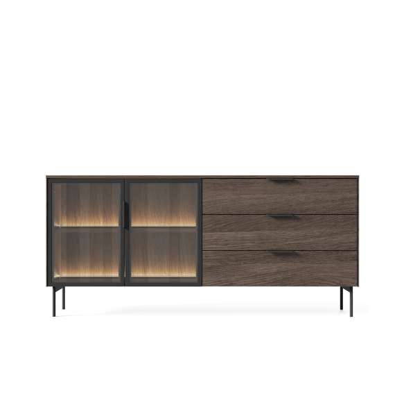 Skjenk Lumi 181x83 cm - mørk eik - 2 dører - 3 skuffer - med belysning