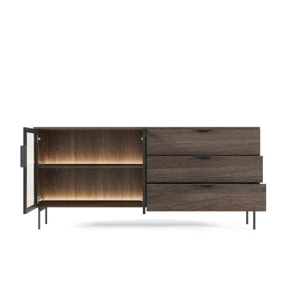 Skjenk Lumi 181x83 cm - mørk eik - 2 dører - 3 skuffer - med belysning