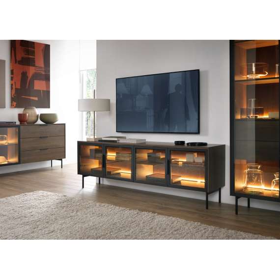 Tv-benk Lumi 181x62 cm - mørk eik - 4 dører - med belysning