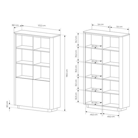 Reol Torro 113x190 cm - 2 dører - hyller - eik