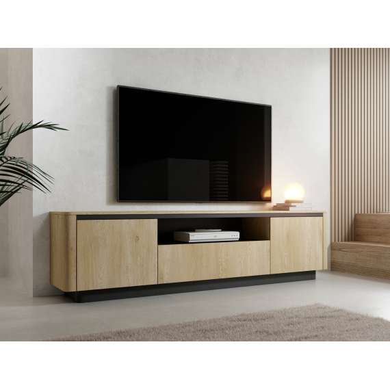 Tv-benk Torro 200x55 cm - 2 dører - 1 skuff - eik