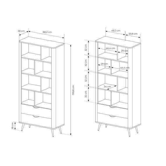 Reol Veris 88x194 cm - mørk eik - 2 skuffer - hyller