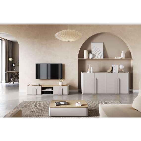 Tv-ben AMILIO - 170x36 cm - 1 skuff- 1 dør- cashmere - oljet eik