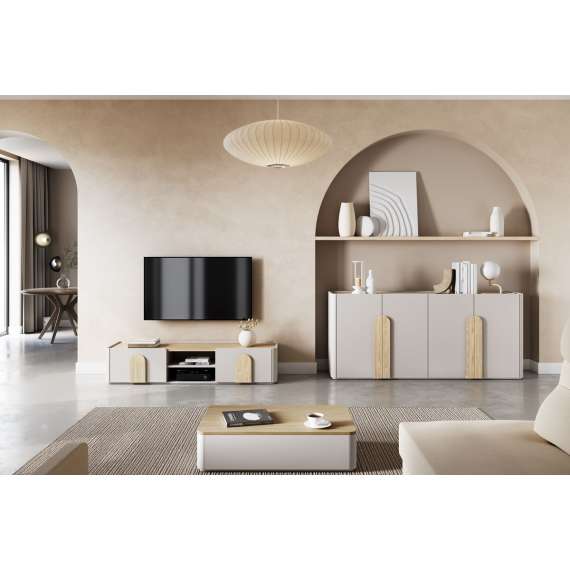 Tv-ben AMILIO - 170x36 cm - 1 skuff- 1 dør- cashmere - oljet eik