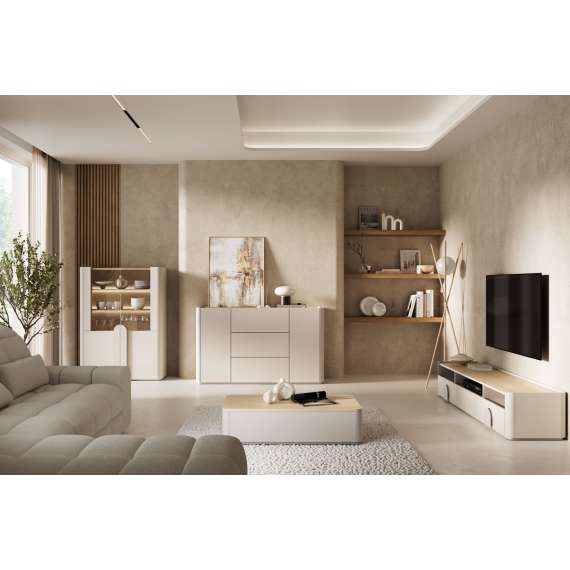 Tv-ben AMILIO 200x36 cm - 2 skuffer - 1 dør- cashmere - oljet eik