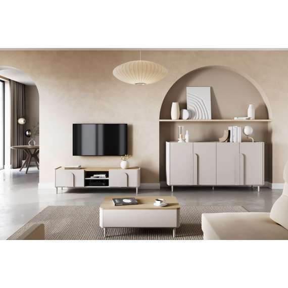 Skjenk AMILIO - 200x102 cm - 4 dører - cashmere - oljet eik - tre bein