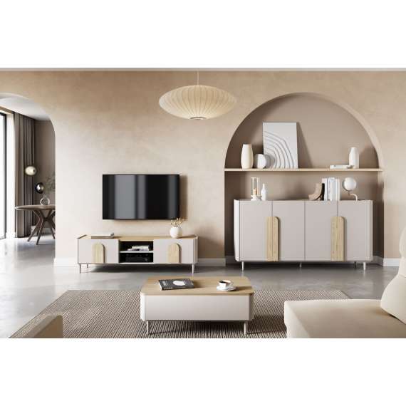 Skjenk AMILIO - 200x102 cm - 4 dører - cashmere - oljet eik - tre bein