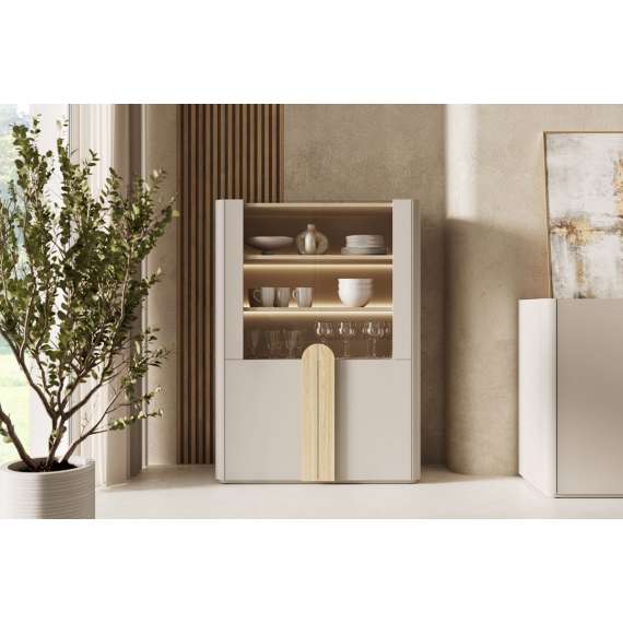 Vitrineskap AMILIO - 100x138 cm - 2 dører - cashmere - oljet eik