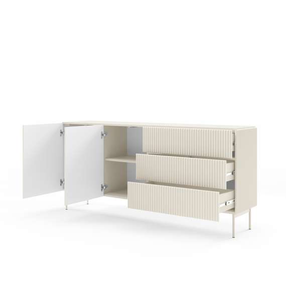 Skjenk Muti 177x81 cm - 2 dører - 3 skuffer - cashmere - metall ben