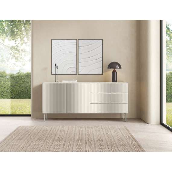 Skjenk Muti 177x81 cm - 2 dører - 3 skuffer - cashmere - metall ben