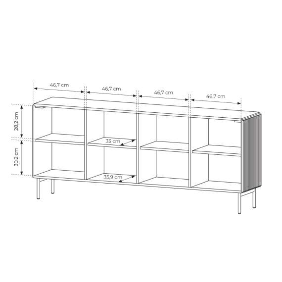Skjenk Muti 195x81 cm - 4 dører - sort - metall ben