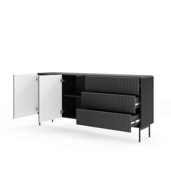 Skjenk Muti 177x81 cm - 2 dører - 3 skuffer - sort - metall ben