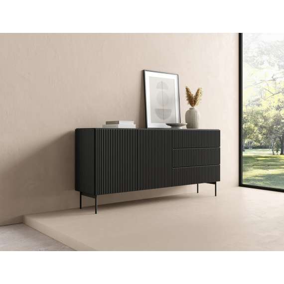 Skjenk Muti 177x81 cm - 2 dører - 3 skuffer - sort - metall ben