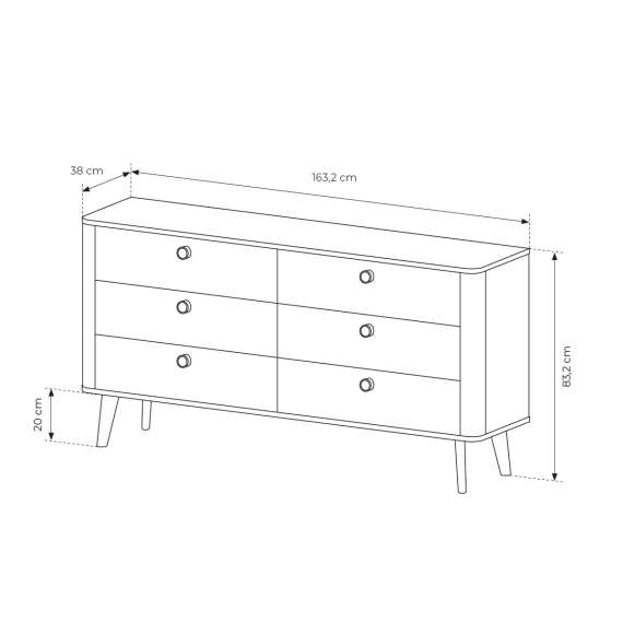 Kommode Viki 163x83 cm - eik - med 6 skuffer
