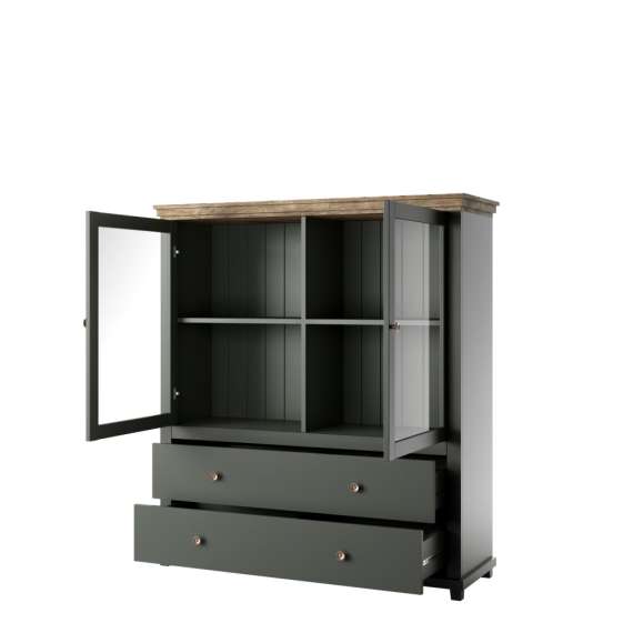 Vitrineskap Evora 126x138 cm - vintage grønn - med belysning
