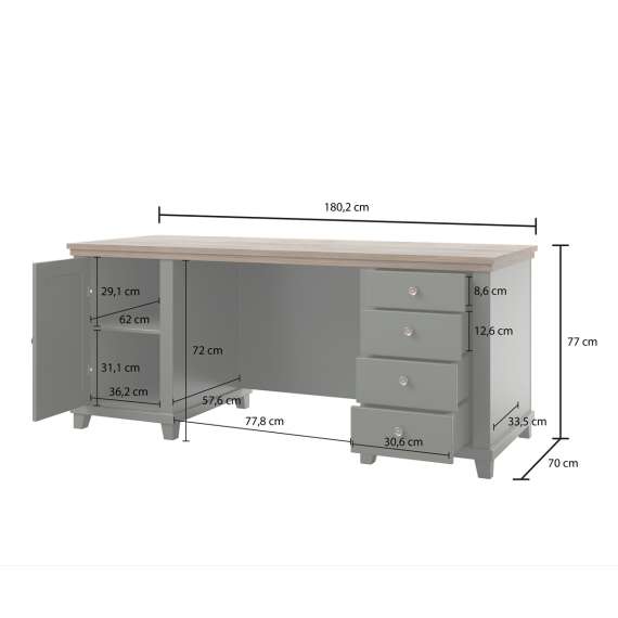 Skrivebord Evora 180x70 cm - vintage grønn - 1 dør - 4 skuffer